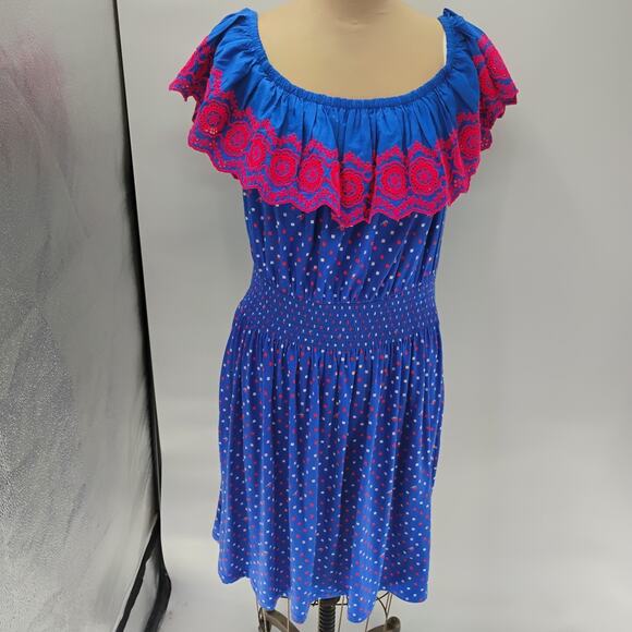 Lilly Pulitzer Kalama Dress Womens Xl Blue Pink Off The Shoulder Embroidered - Picture 2 of 13